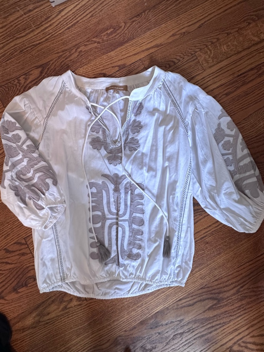 Rose and Rose White Embroidered Blouse with Taupe Accents